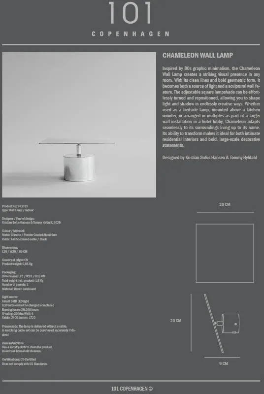 Chameleon seinälamppu, Krom 101 Copenhagen