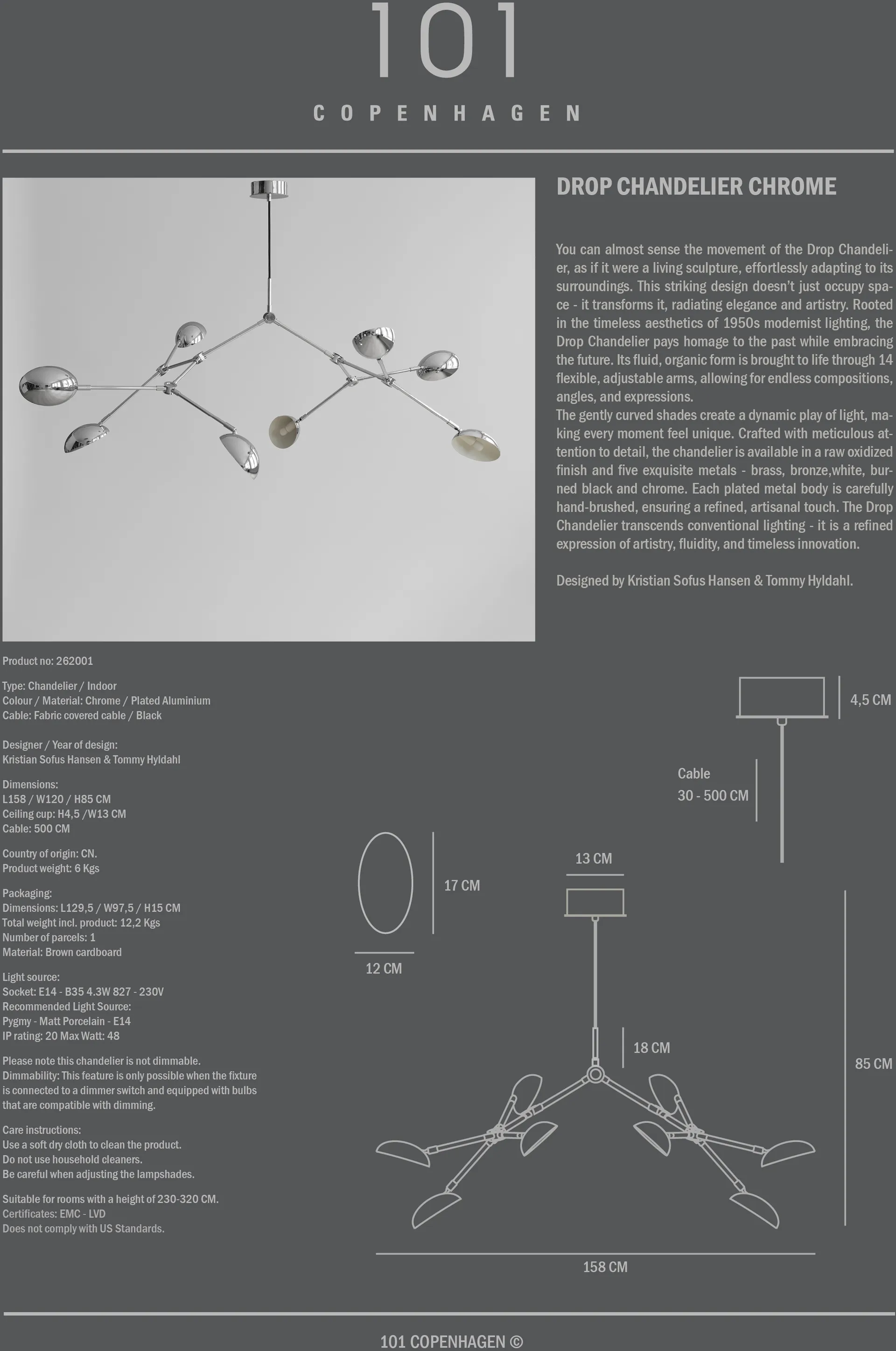 Drop Chandelier -kattokruunu, Krom 101 Copenhagen