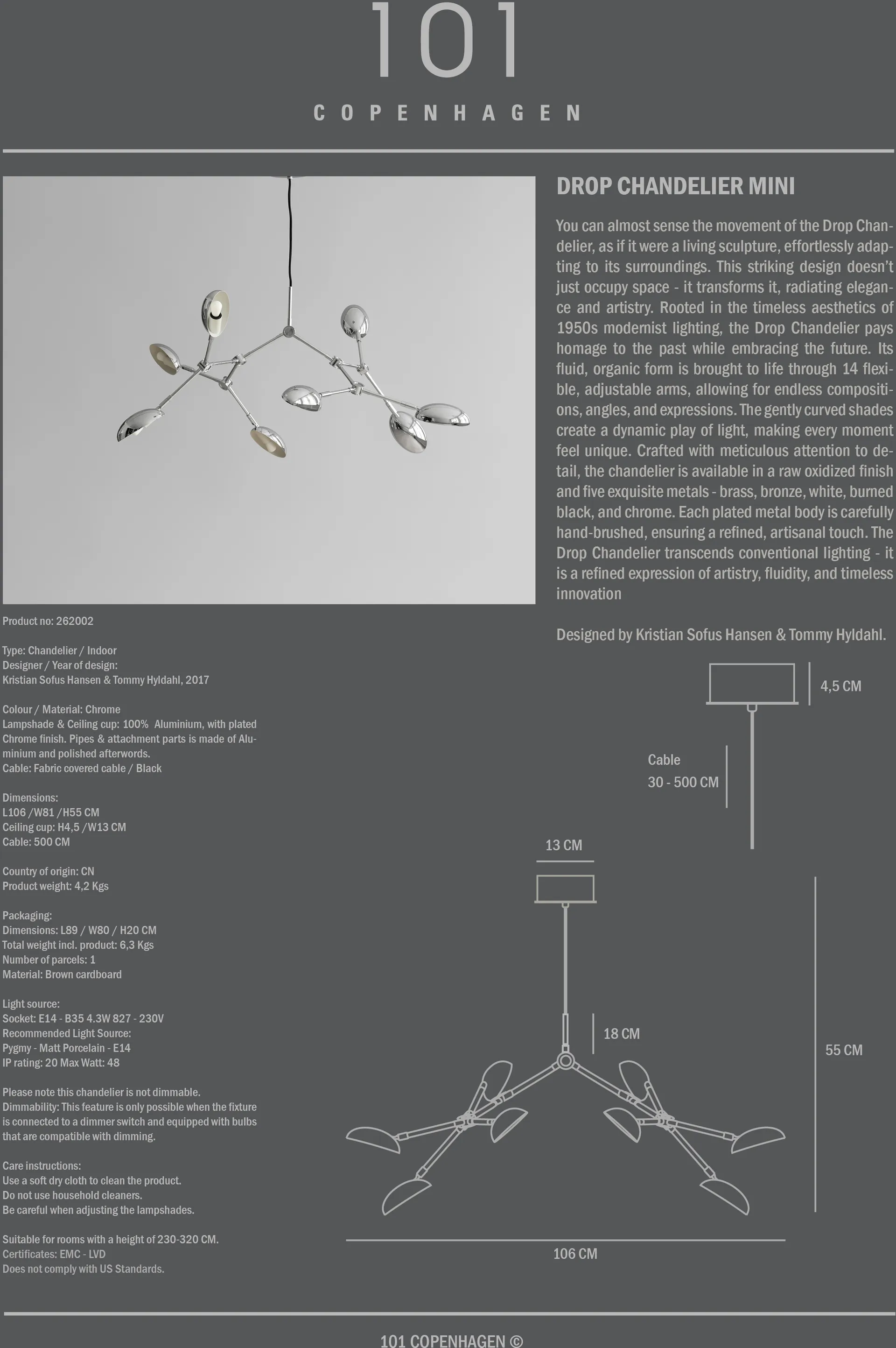 Drop Chandelier -kattokruunu mini, Krom 101 Copenhagen