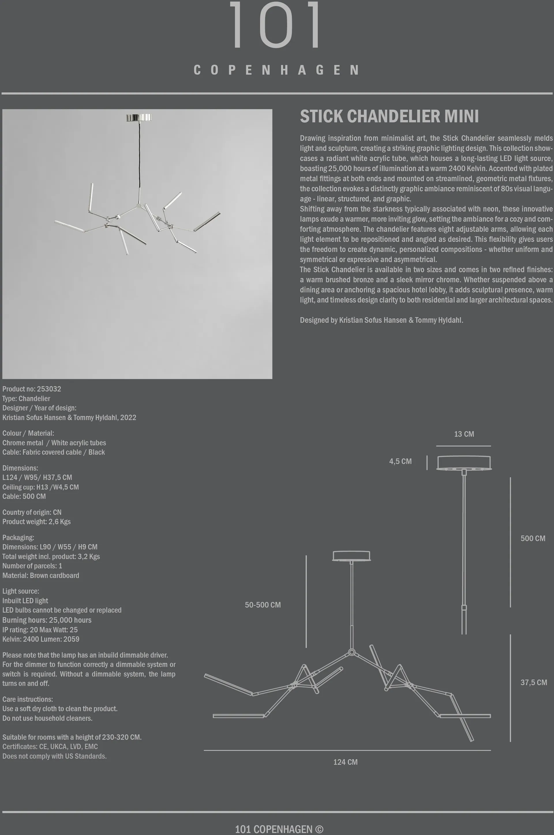 Stick chandelier -kattokruunu mini, Kromi 101 Copenhagen