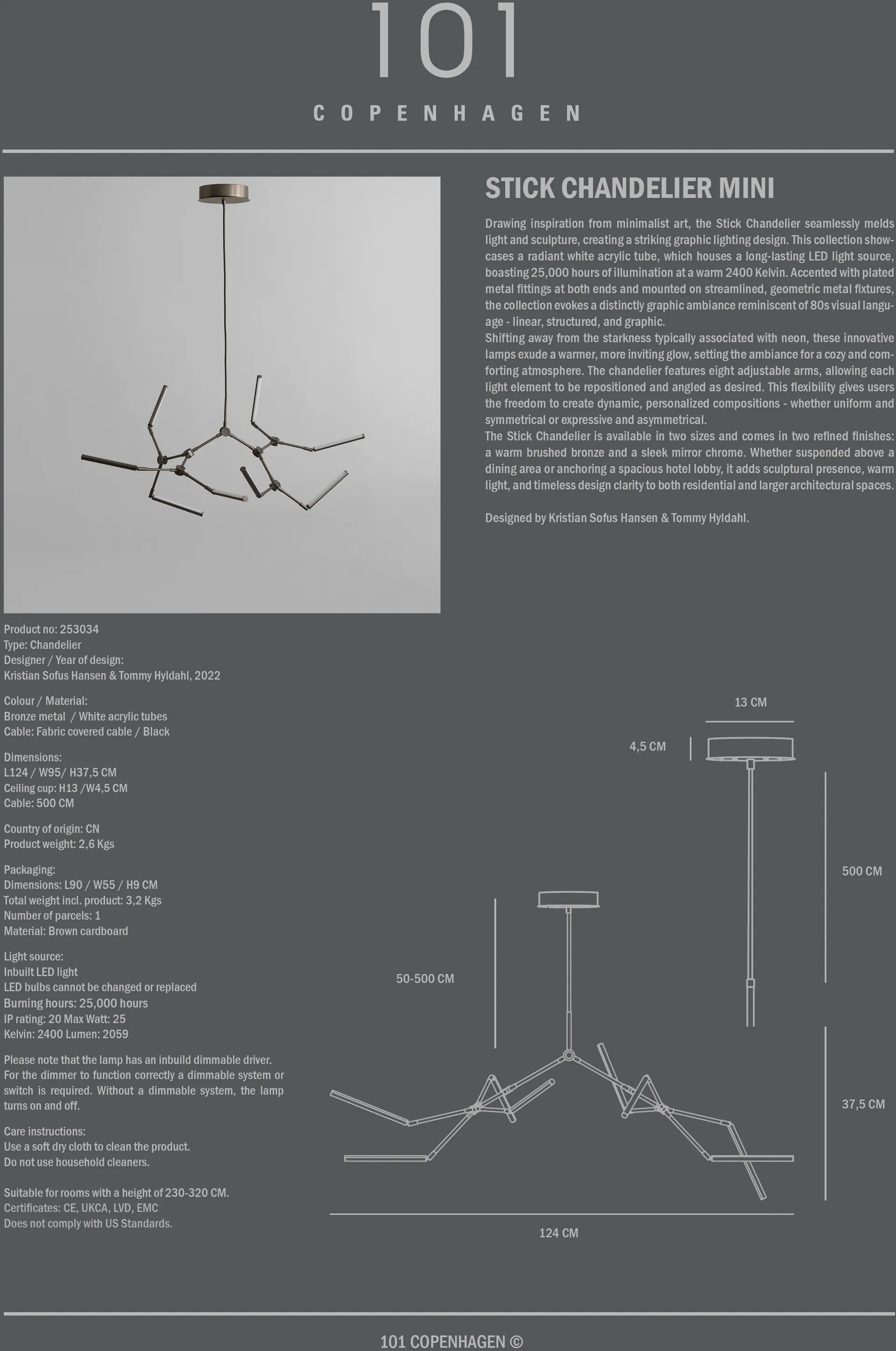 Stick chandelier -kattokruunu mini, Pronssi 101 Copenhagen