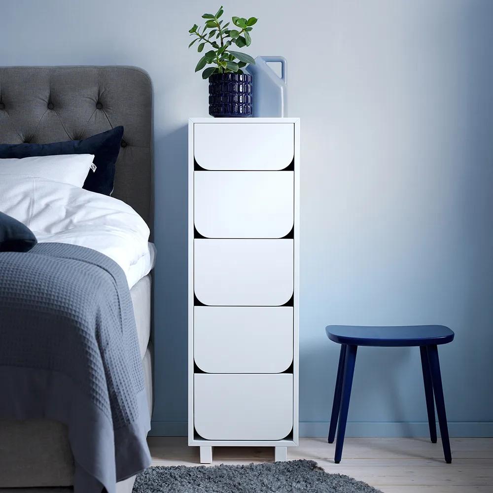 Vidja kapea lipasto 5 laatikkoa, Valkoinen lakka 1898