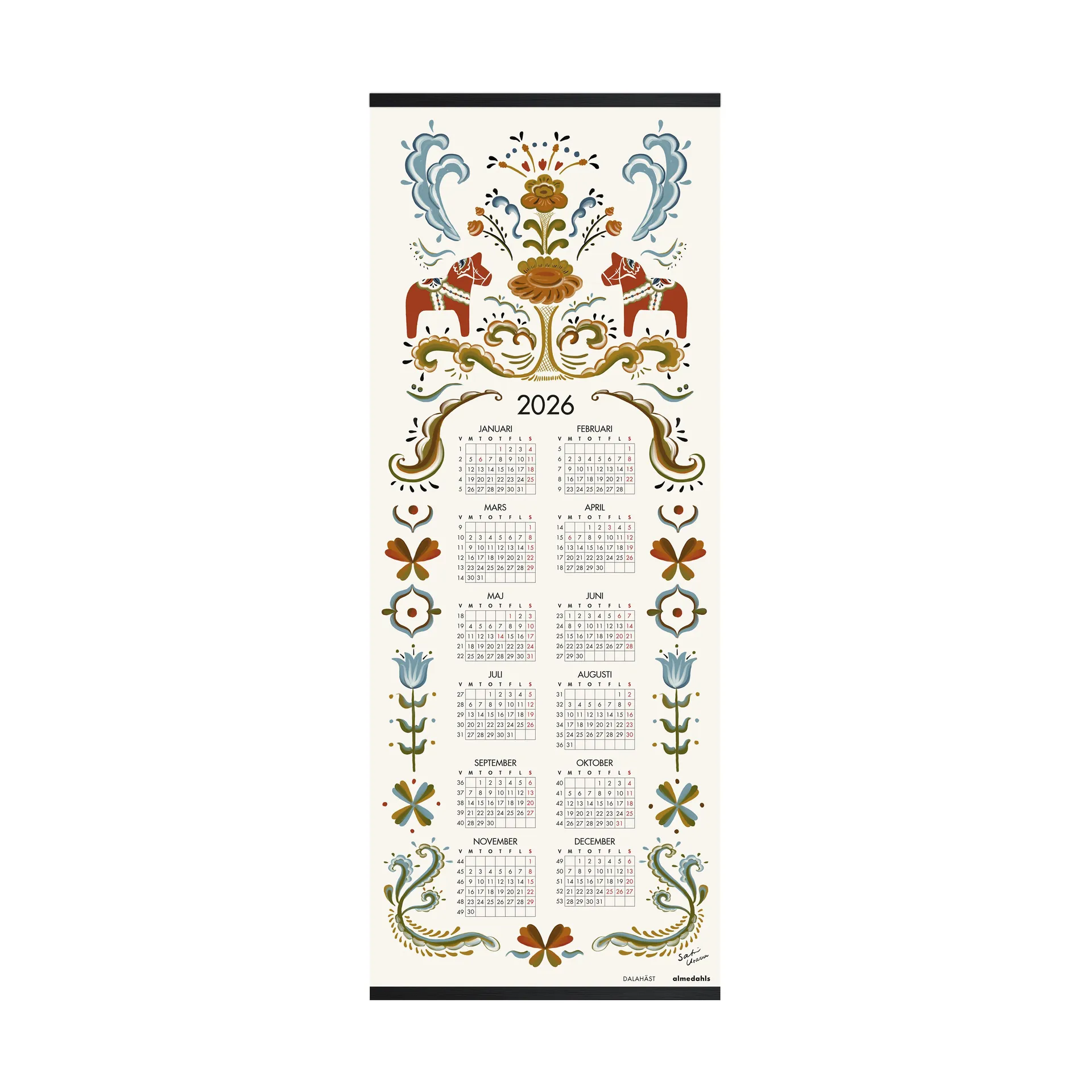 Dalahästar-kalenteri 2026, 35 x 90 cm Almedahls