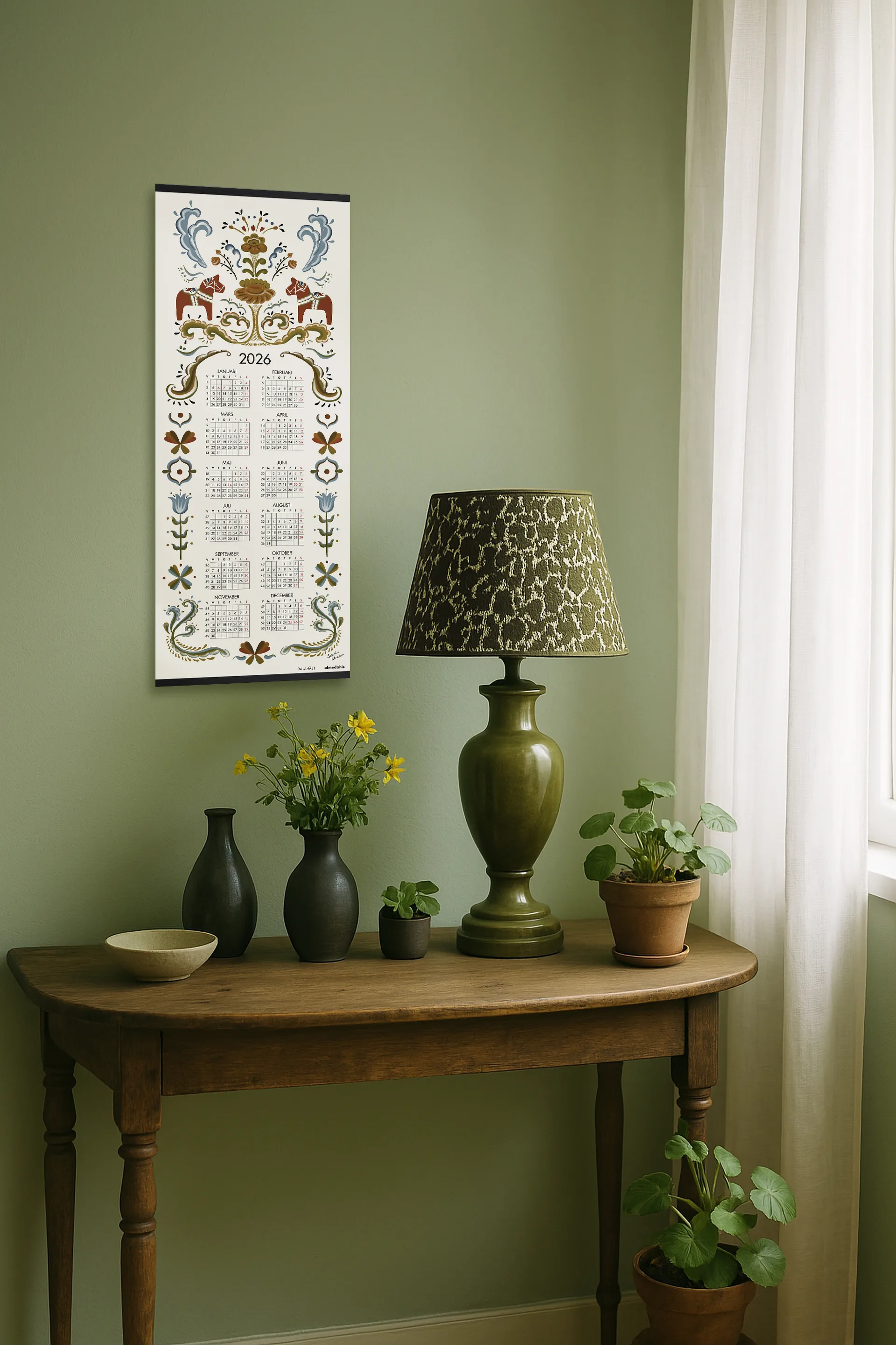Dalahästar-kalenteri 2026, 35 x 90 cm Almedahls