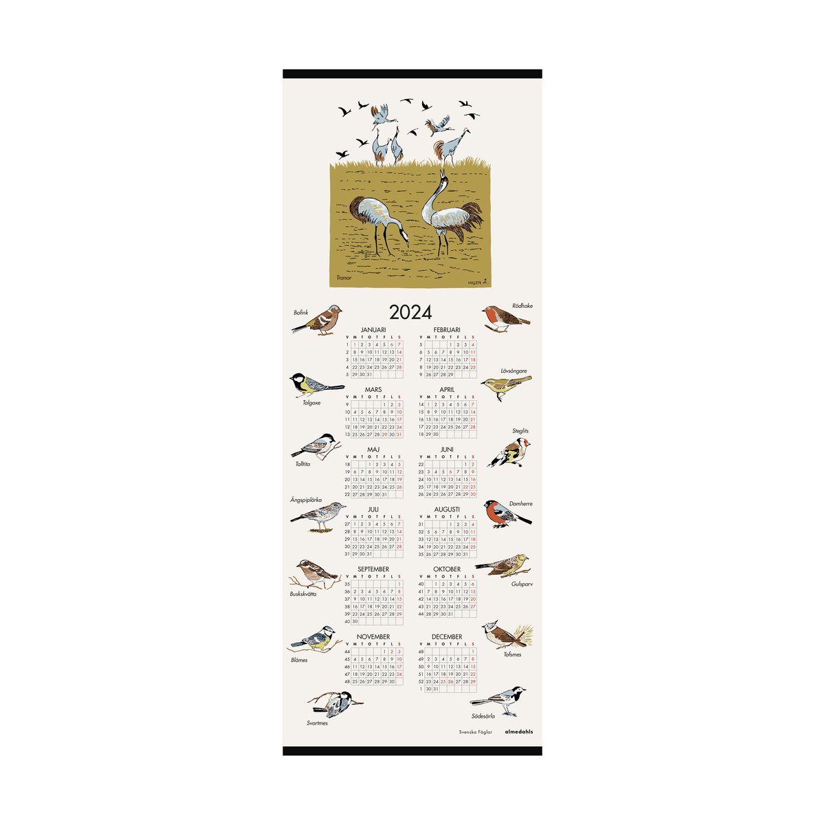 Almedahls Ruotsalaiset linnut -kalenteri 2024 35 x 90 cm