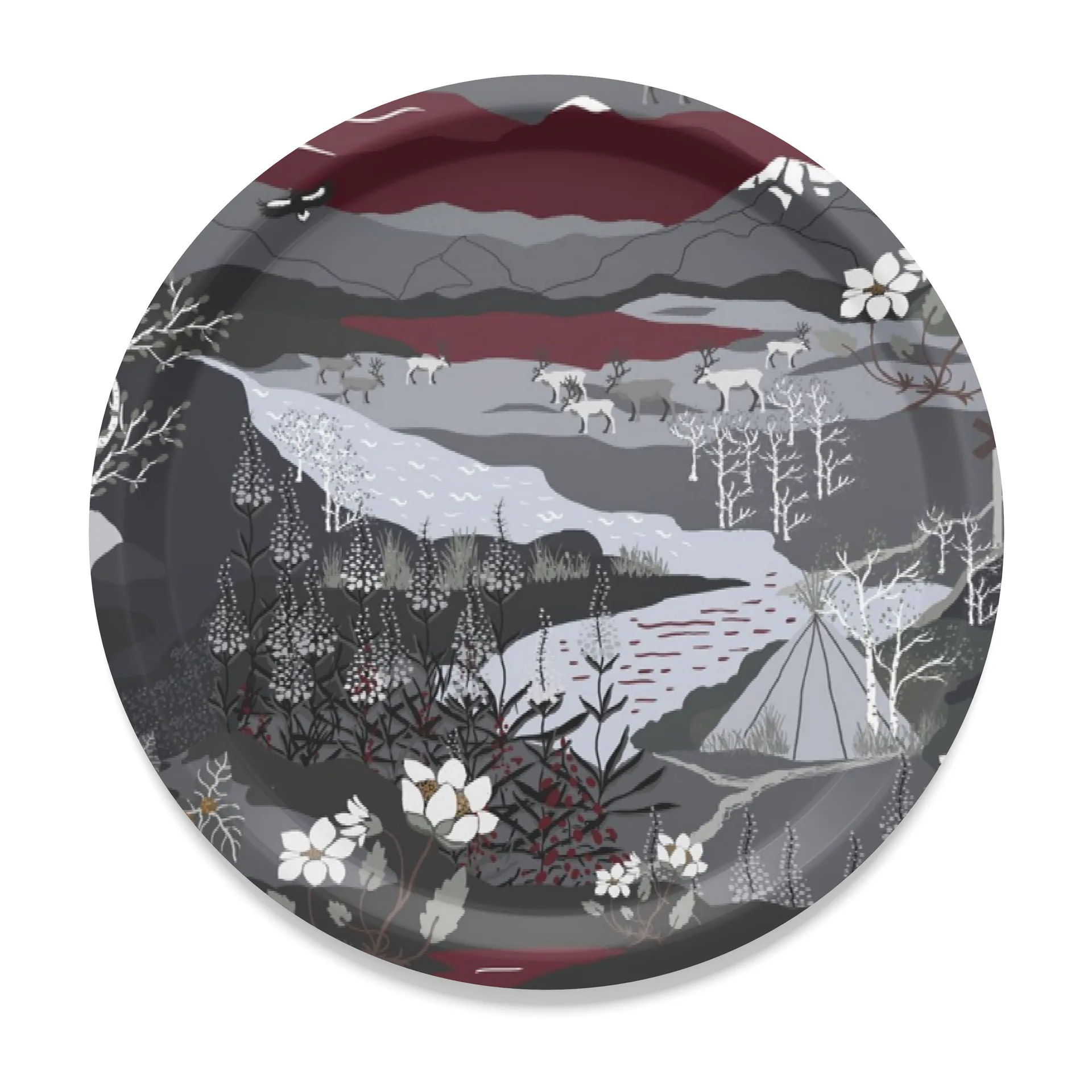 Fjällvandring tarjotin Ø 31 cm, Harmaa-viininpunainen Arvidssons Textil