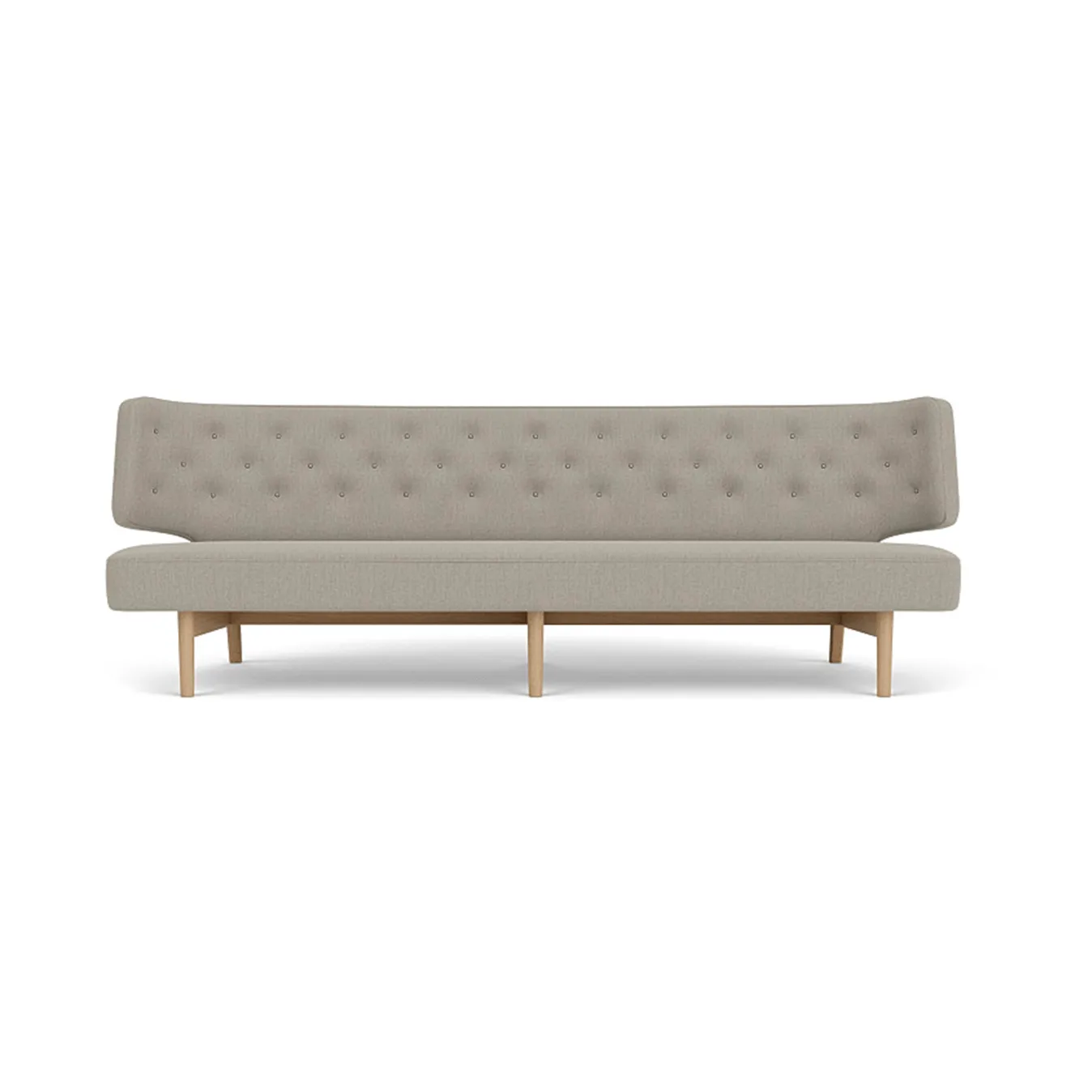 Radiohus Sofa täysin verhoiltu RE-WOOL PC1T Global HR BUTTONS Vegetal 4-Legs Base, Re-wool 218-luonnollinen tammi, nahkapainikkeet, 3-istuttava Audo Copenhagen