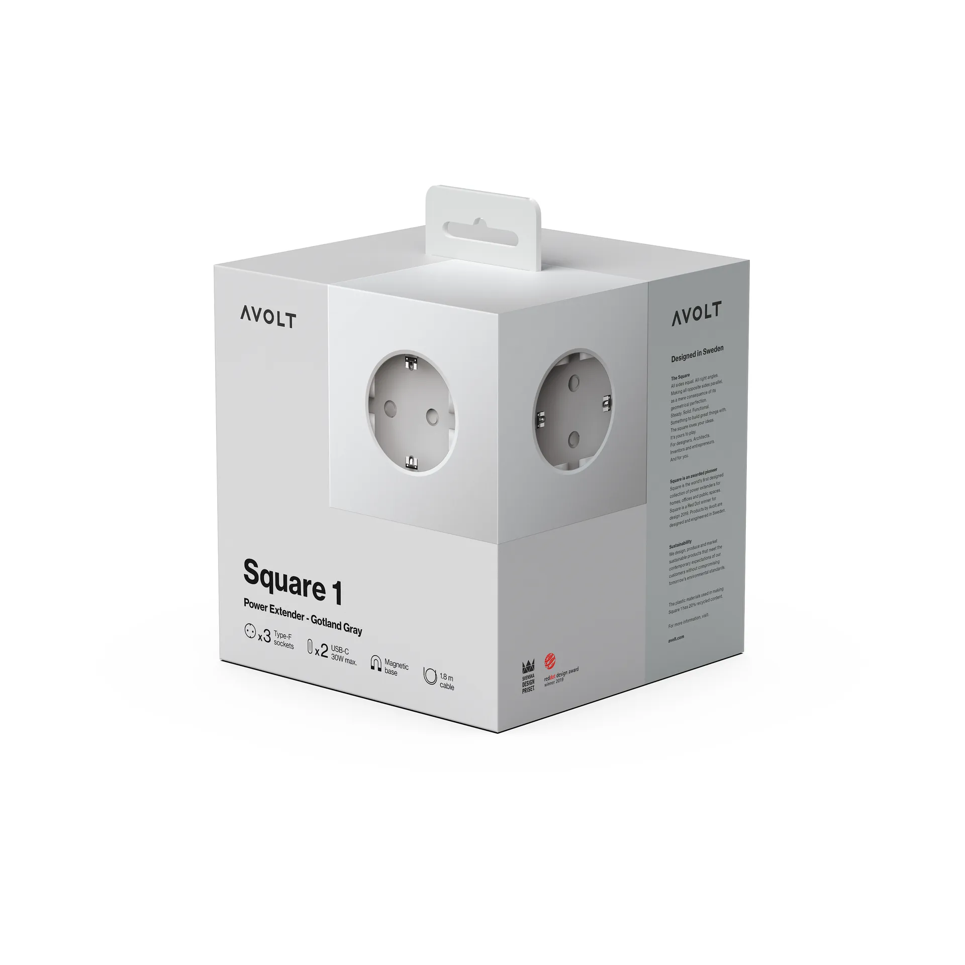 Square 1 pistorasia USB-C 30W 3 m, Gotland harmaa Avolt