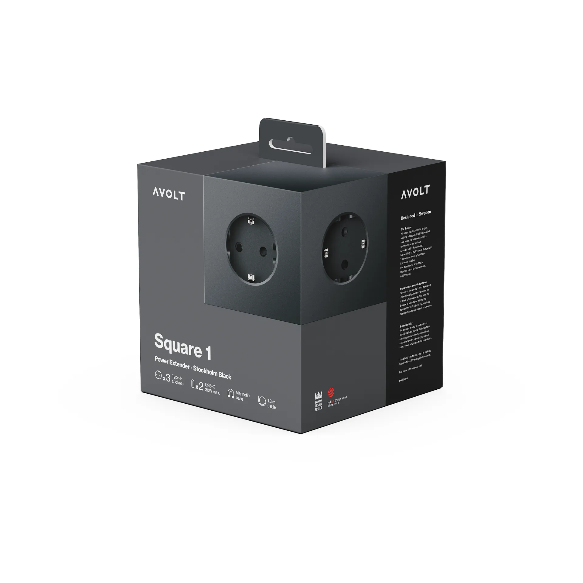 Square 1 pistorasia USB-C 30W 3 m, Stockholm Black Avolt