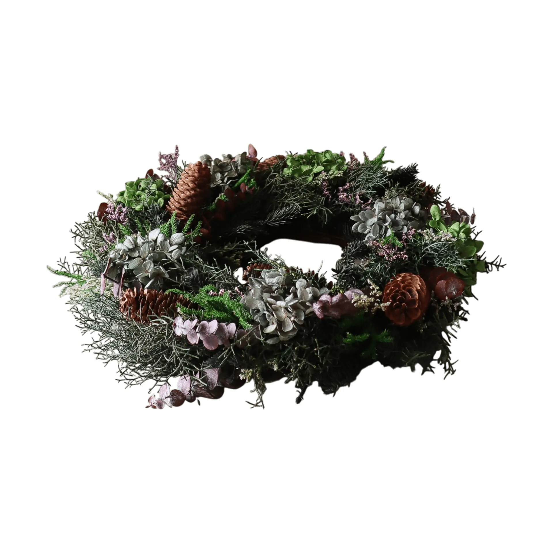 Botanical Forest Wreath kukkaseppele, Hortensia-eukalyptus-neulasoksat-kävyt, Ø40 cm Botané