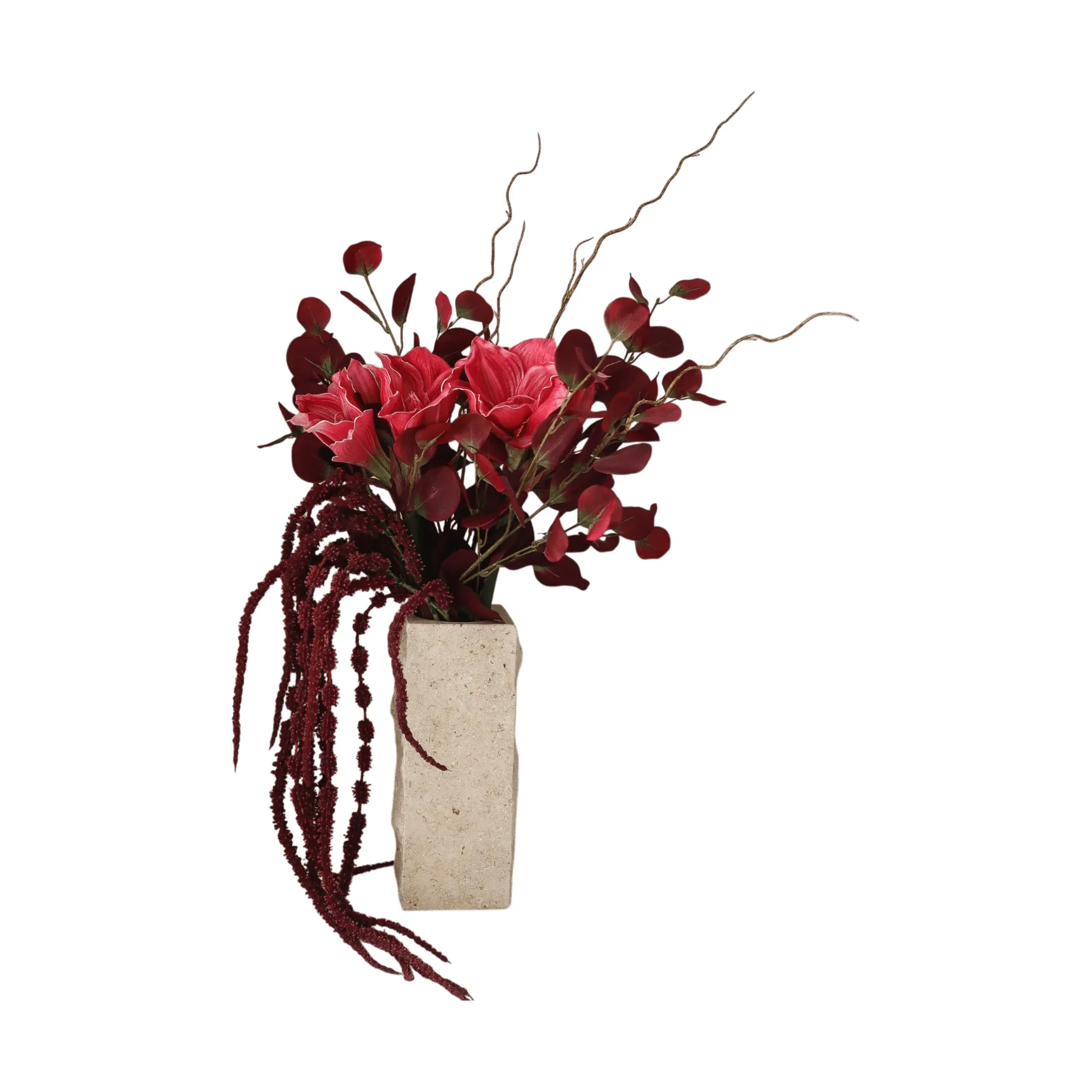 Botané Deep bloom tekokukkakimppu Amaryllis, eukalyptus, amarantti, oksat, 120 cm