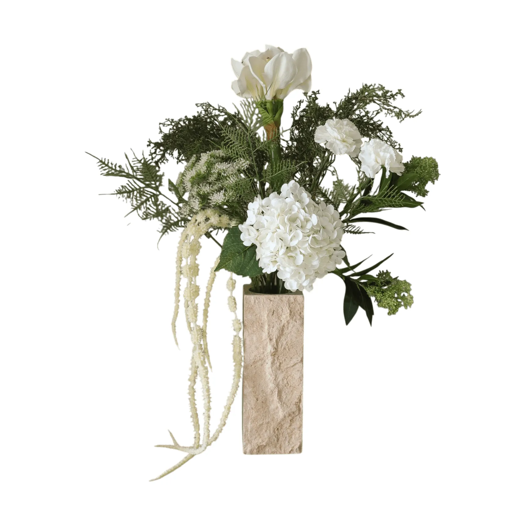 Botané Frosted garden tekokukkakimppu Amaryllis, hortensia, neilikat, amarantti, 90 cm