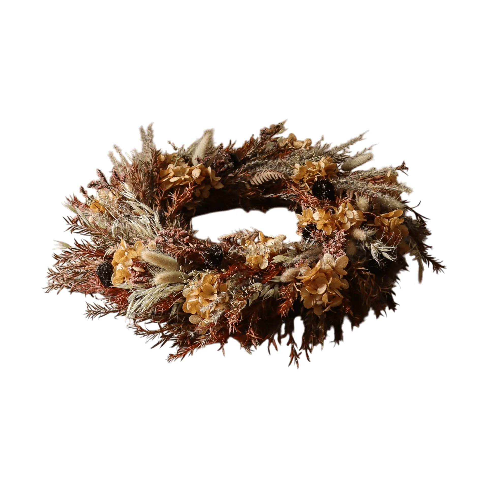Golden Meadow Wreath seppele, Hortensia–kuivattu heinä–saniainen–jäniksenkorvat, Ø40 cm Botané