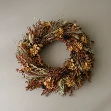 Golden Meadow Wreath seppele - Hortensia–kuivattu heinä–saniainen–jäniksenkorvat, Ø40 cm - Botané