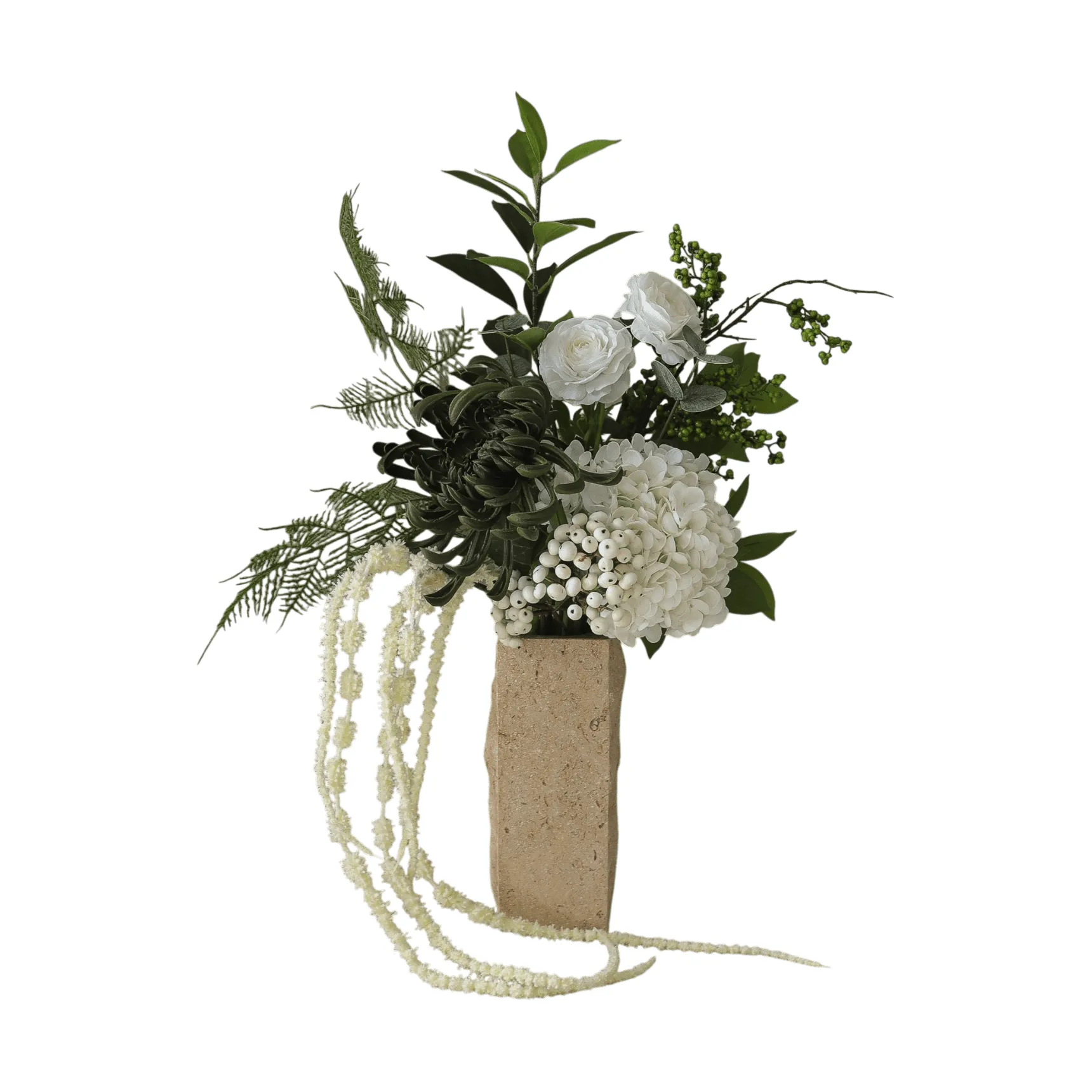 Botané Green veil tekokukkakimppu ranunkeli, hortensia, amarantti, 85 cm