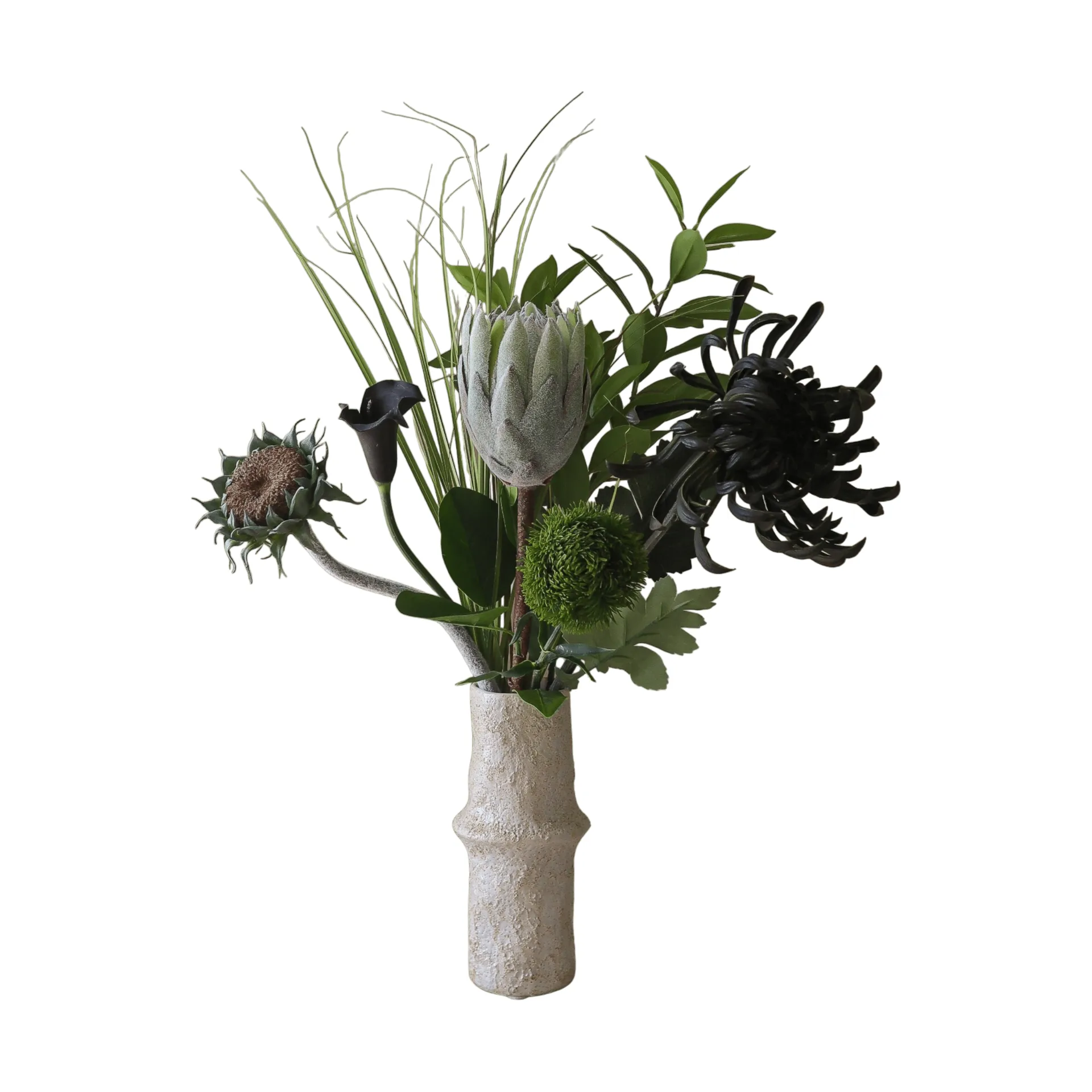 Botané Midnight Wilderness tekokimppu Kuningasprotea–krysanteemi–calla–neilikka, 78 cm, 7 kpl