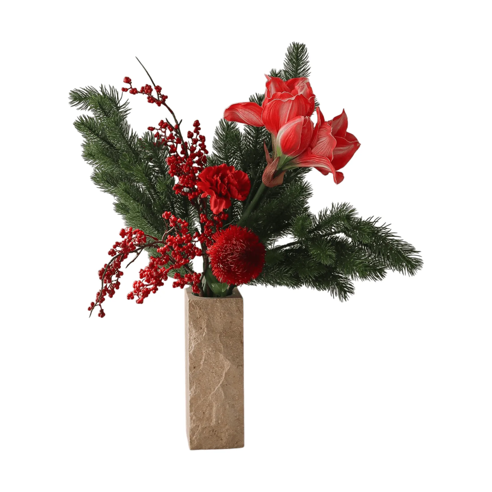 Botané Red spritz tekokukkakimppu Amaryllis, neilikka, marjaoksat, kuusenoksat, 72 cm