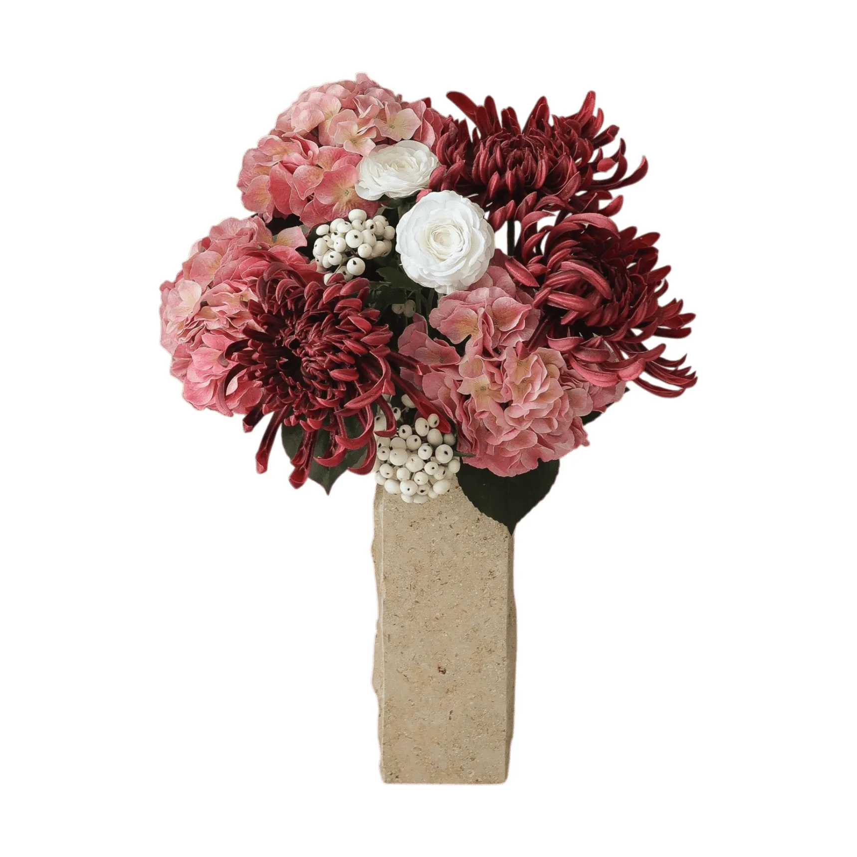 Botané Rose reverie tekokukkakimppu Hortensia, hämähäkkikrysanteemi, jaloleinikki, 77 cm