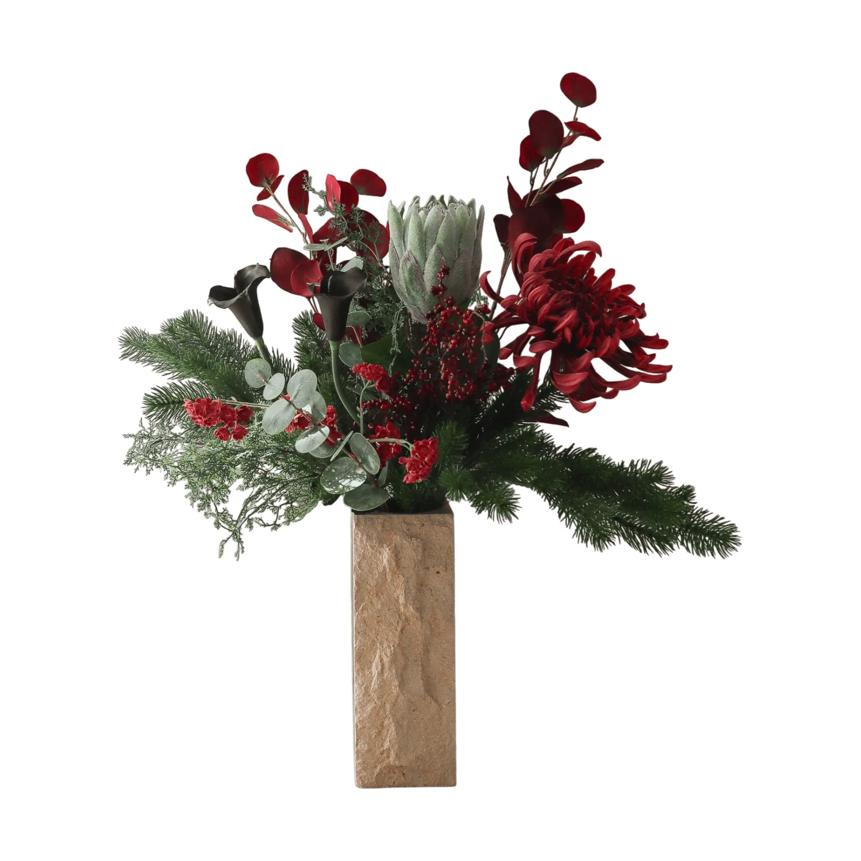 Botané Wild winter tekokukkakimppu Protea, hämähäkkikrysanteemi, kalla, eukalyptus, 84 cm
