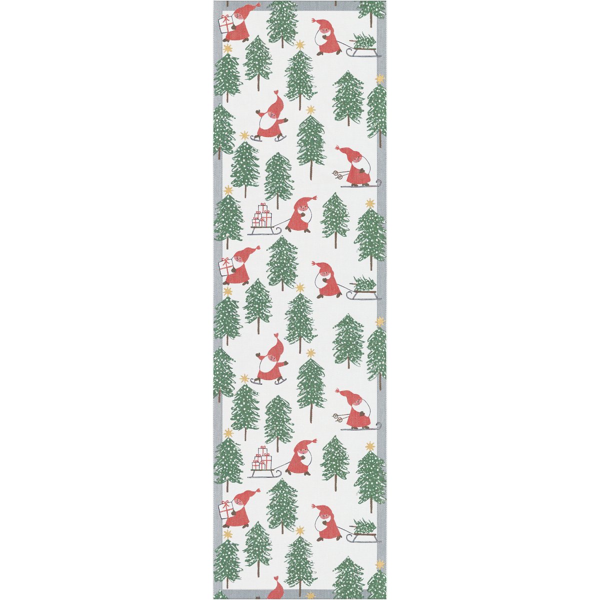 Ekelund Linneväveri Tomtesprång kaitaliina 35×120 cm Valkoinen-vihreä-punainen