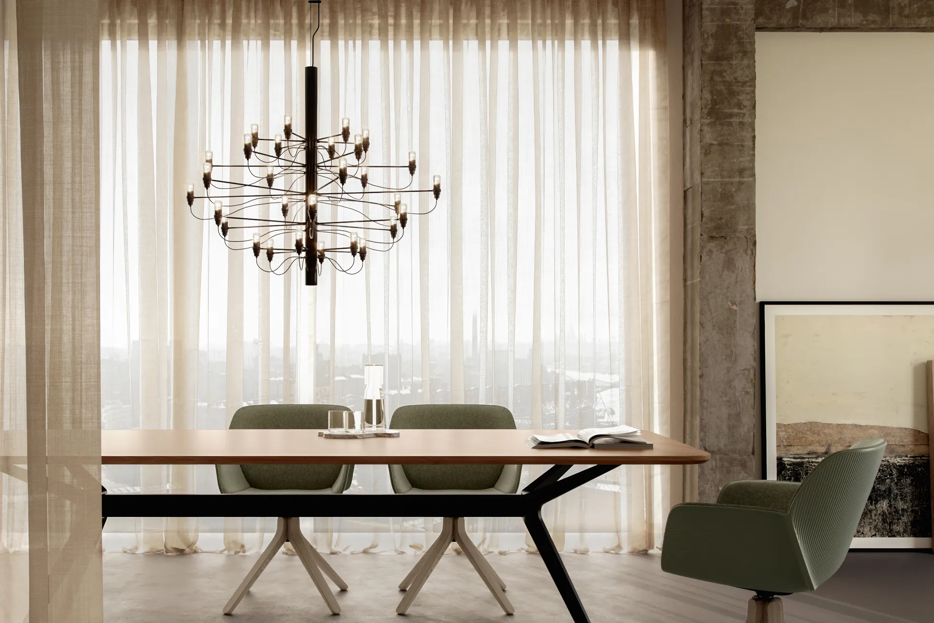 2097 Sarfatti kattokruunu, Mattsvart 30 lamppua Flos