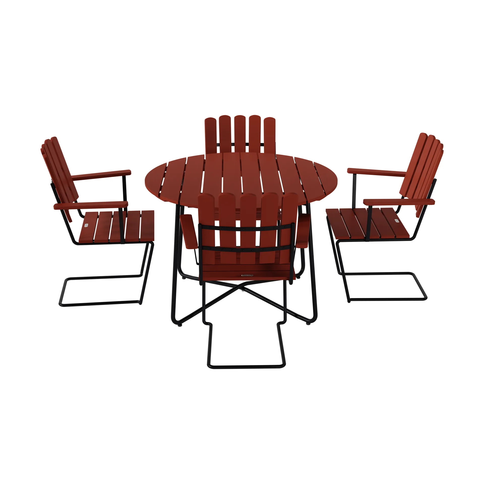 9A ruokapöytä Ø100 cm + 4 A2 nojatuolia, tummanpunainen tammi musta runko Grythyttan Stålmöbler