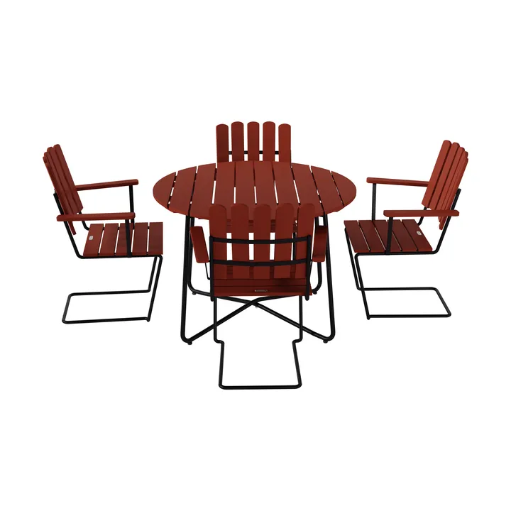 9A ruokapöytä Ø100 cm + 4 A2 nojatuolia, tummanpunainen tammi musta runko - Grythyttan Stålmöbler