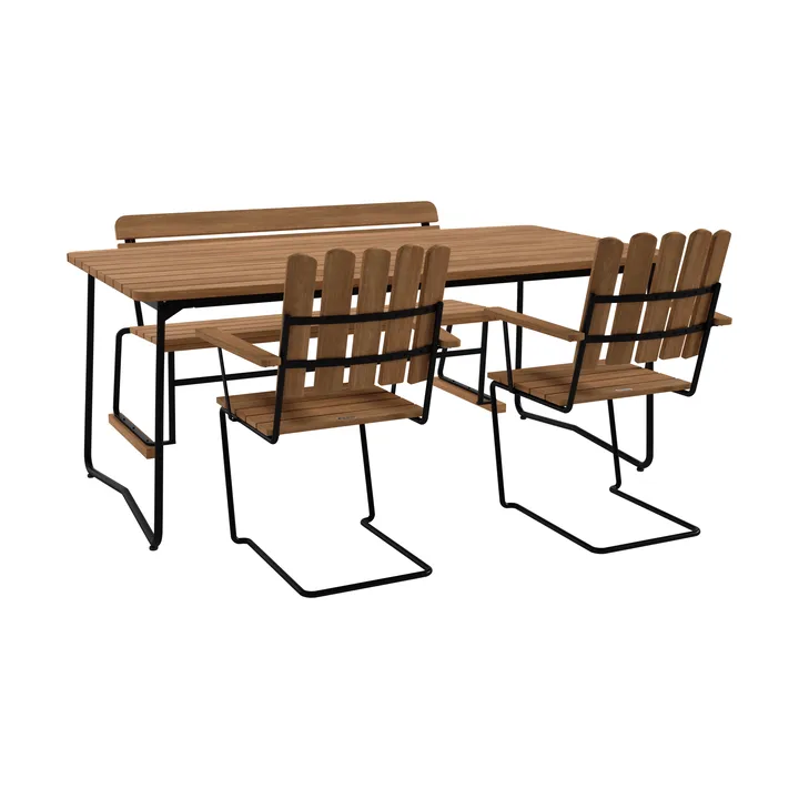 B31 pöytä 170 cm + 2 A2 nojatuolia + 3-istuttava sohva, teak-musta runko - Grythyttan Stålmöbler