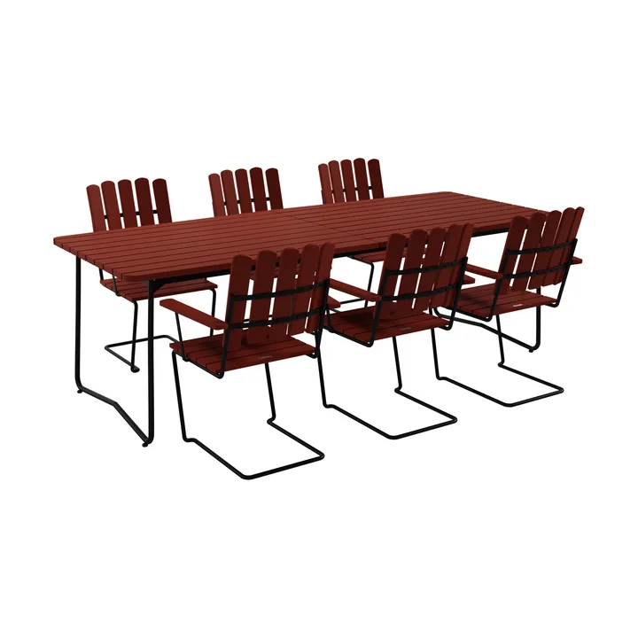 B31 pöytä 230 cm + 6 A2 nojatuolia, tummanpunainen tammi musta runko - Grythyttan Stålmöbler