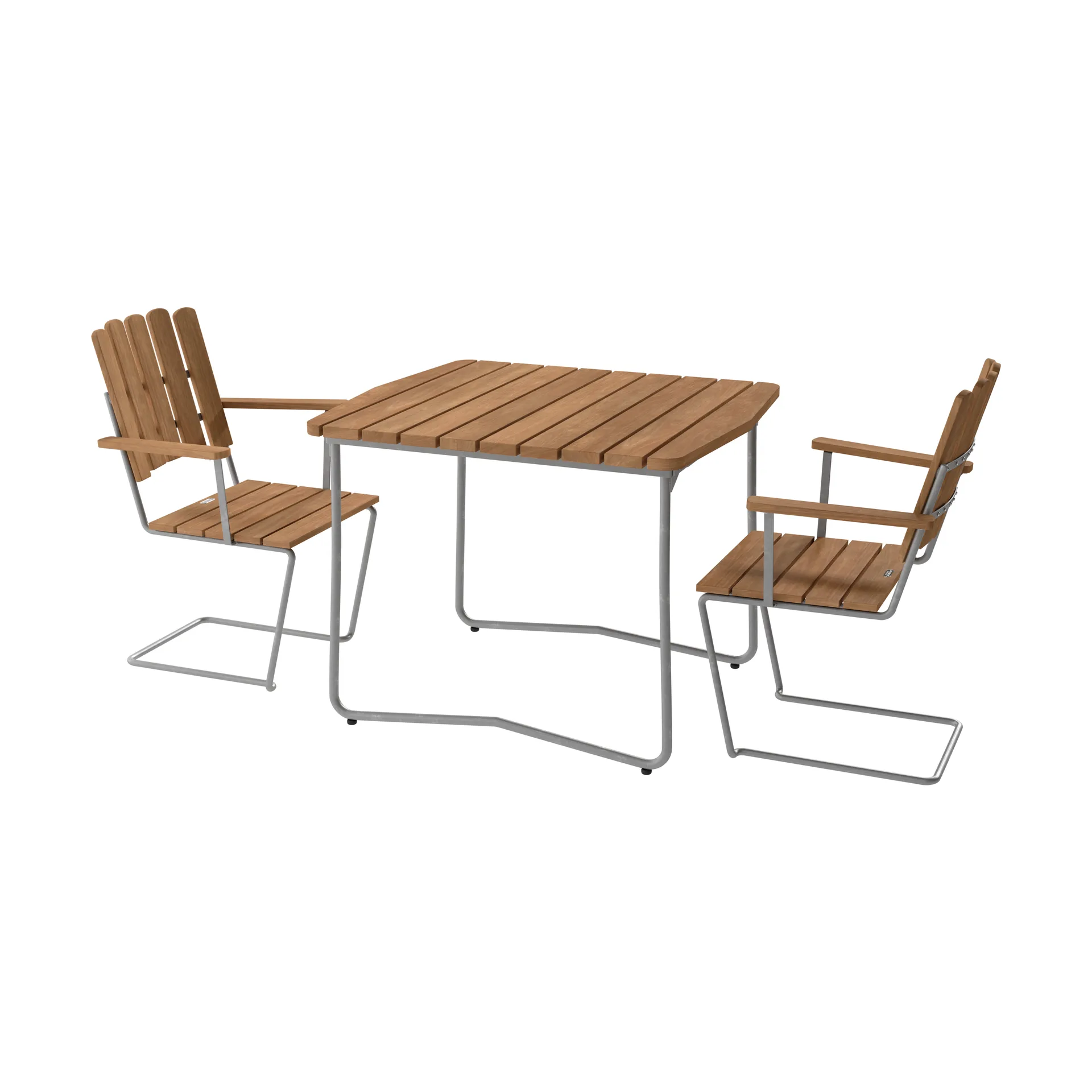 B31 pöytä 92 cm + 2 A2 nojatuolia, teak-lämmin­galvanoitu runko,  Grythyttan Stålmöbler