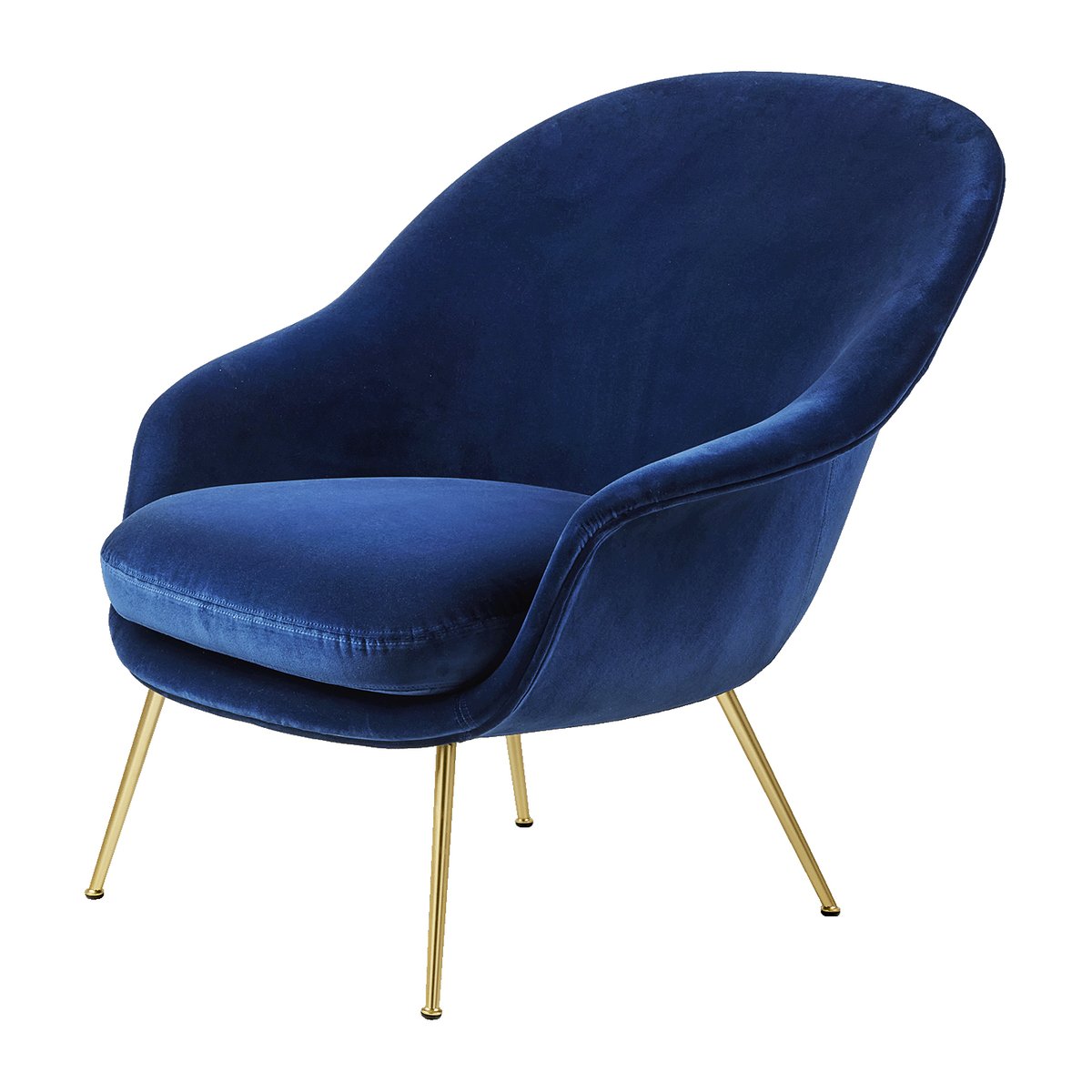 Gubi Bat Lounge Chair low back conic base Velvet 420 sapphire blue-brass