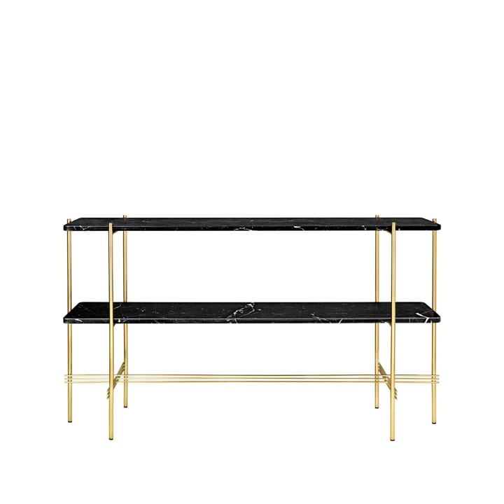 TS Console pöytä 120x30x72 cm - Black marquina marble, messinkirunko, 2 marmorihyllyä - GUBI