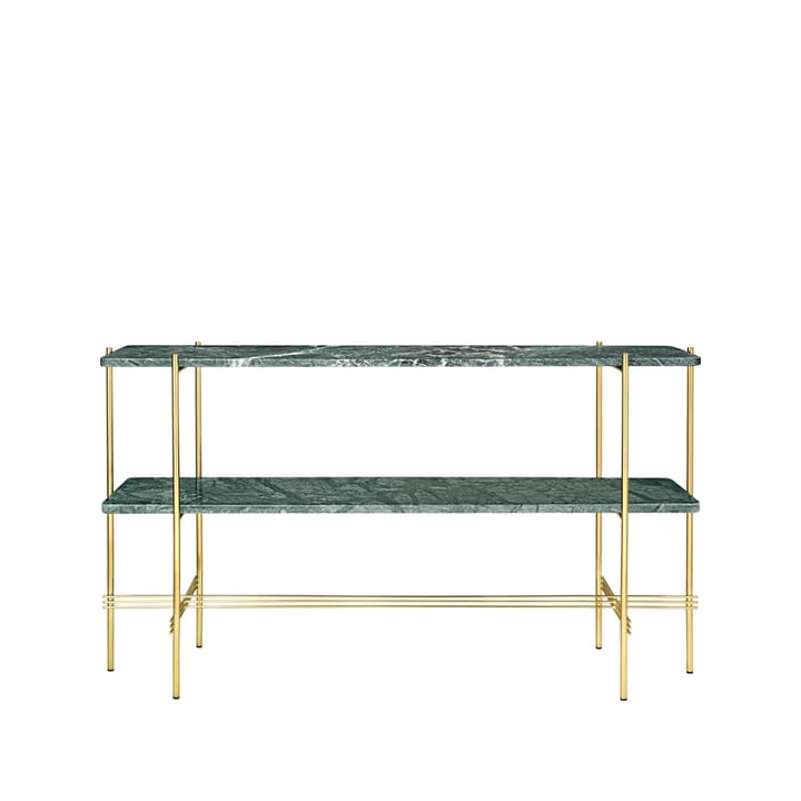 TS Console pöytä 120x30x72 cm - Green guatemala marble, messinkirunko, 2 marmorihyllyä - GUBI