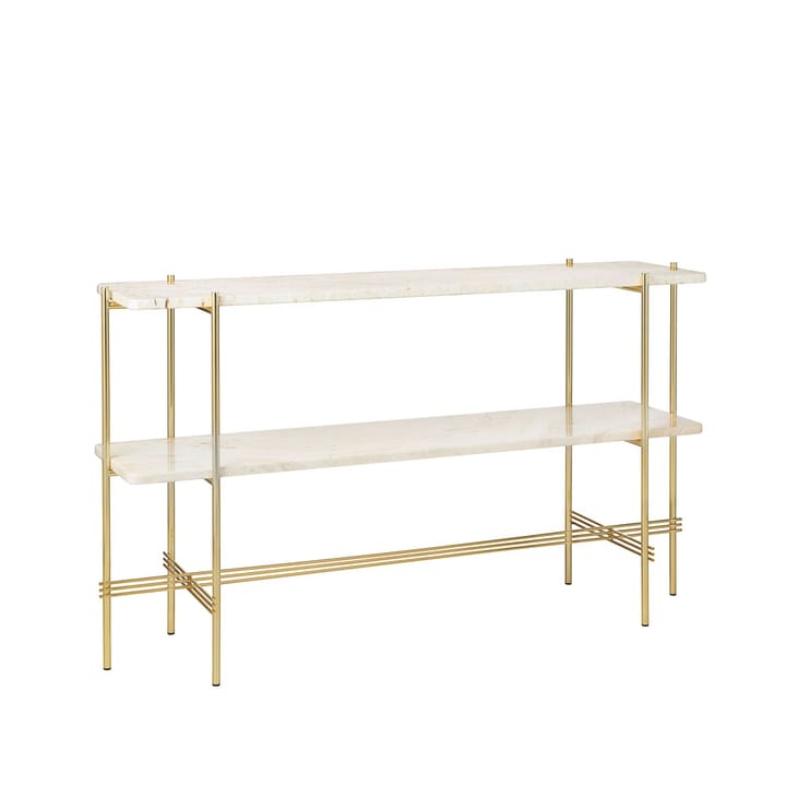 TS Console pöytä 120x30x72 cm, Natural white travertine, messinkirunko, 2 marmorihyllyä GUBI