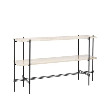 TS Console pöytä 120x30x72 cm - Natural white travertine, musta runko, 2 marmorihyllyä - GUBI