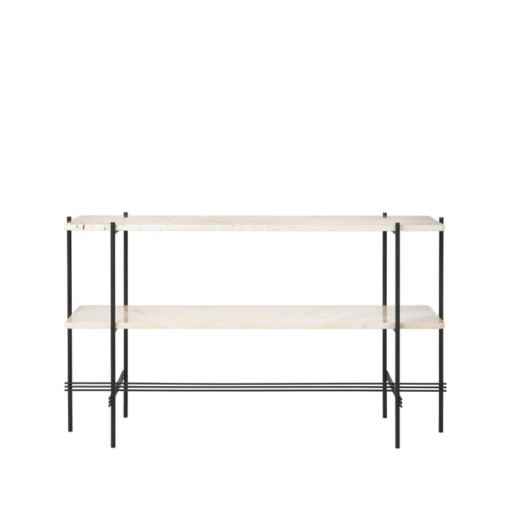 TS Console pöytä 120x30x72 cm - Natural white travertine, musta runko, 2 marmorihyllyä - GUBI