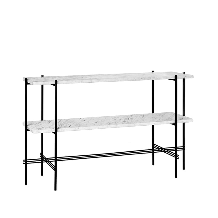 TS Console pöytä 120x30x72 cm - White carrara marble, musta runko, 2 marmorihyllyä - GUBI