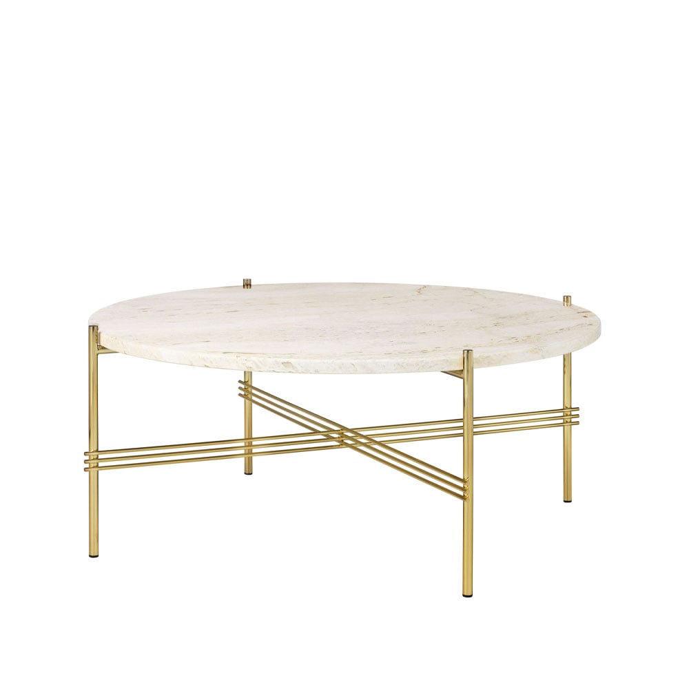 GUBI TS Round -sohvapöytä Natural white travertine, 80, messinkirunko