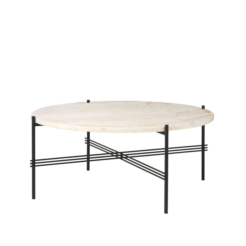 GUBI TS Round -sohvapöytä Natural white travertine, 80, musta runko