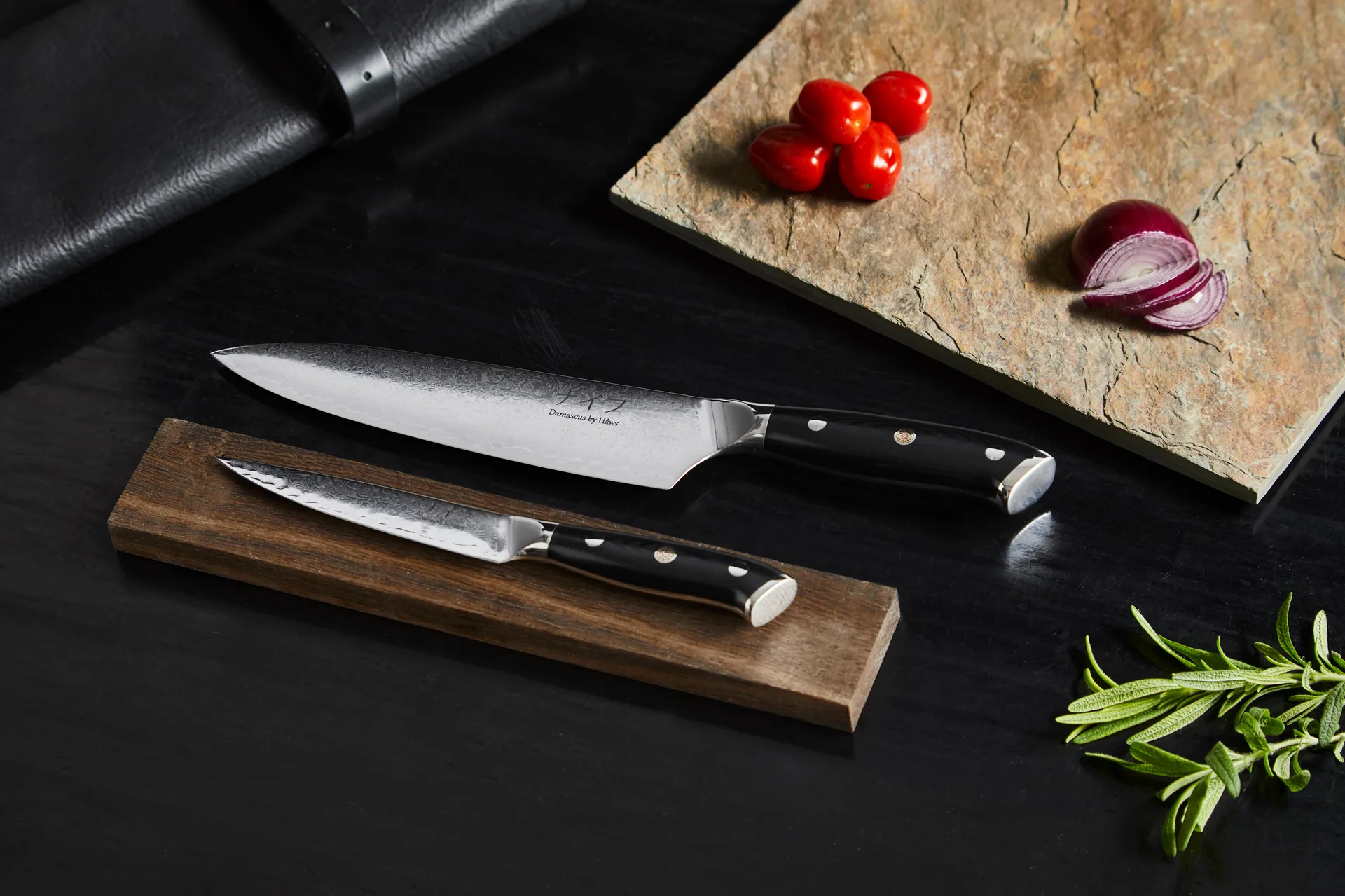 Damascus by Hâws kokki- ja yleisveitsisetti 2 osaa, Musta-ruostumaton teräs Hâws