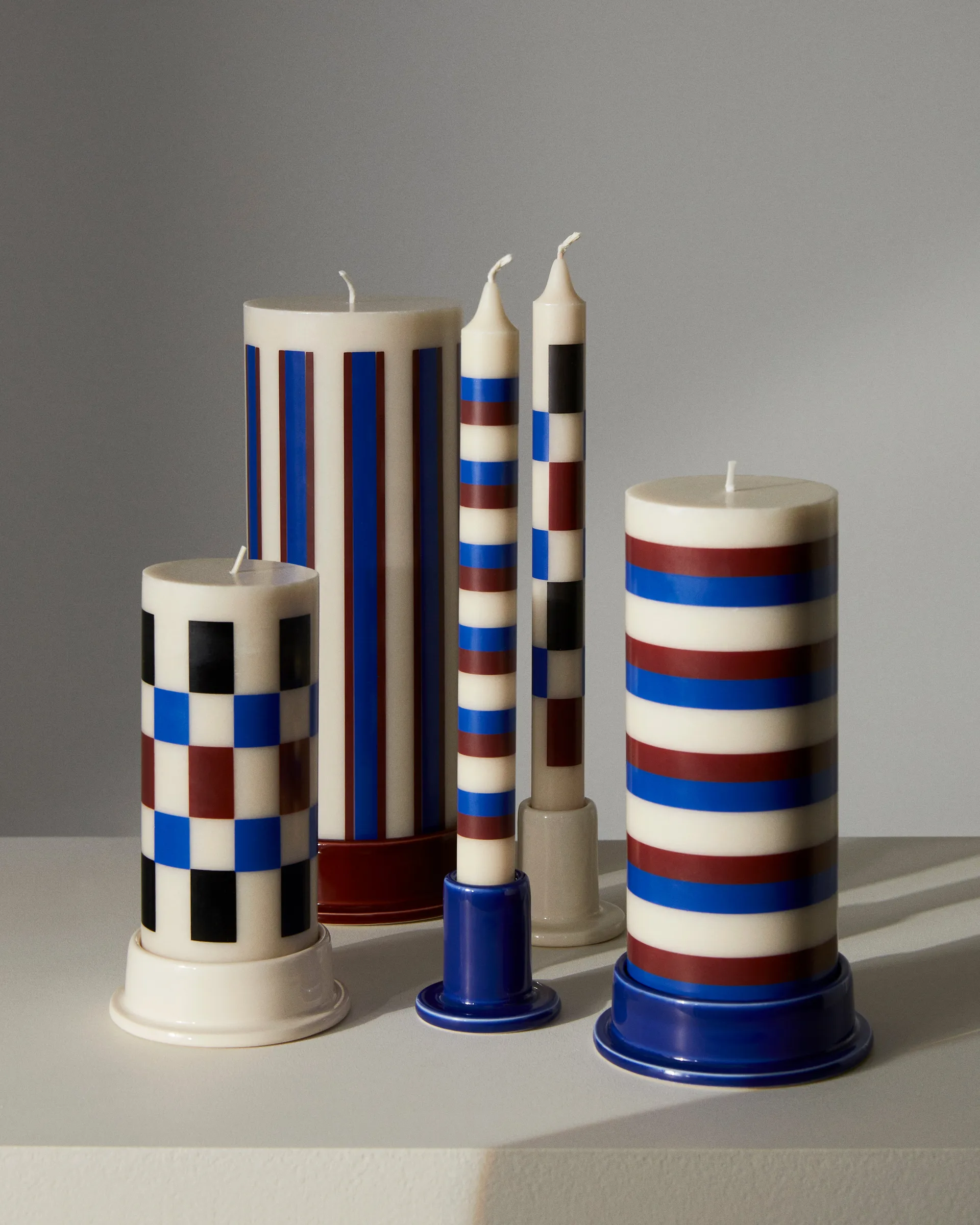 Column Candle -pöytäkynttilä large 25 cm, Off white-brown-blue HAY