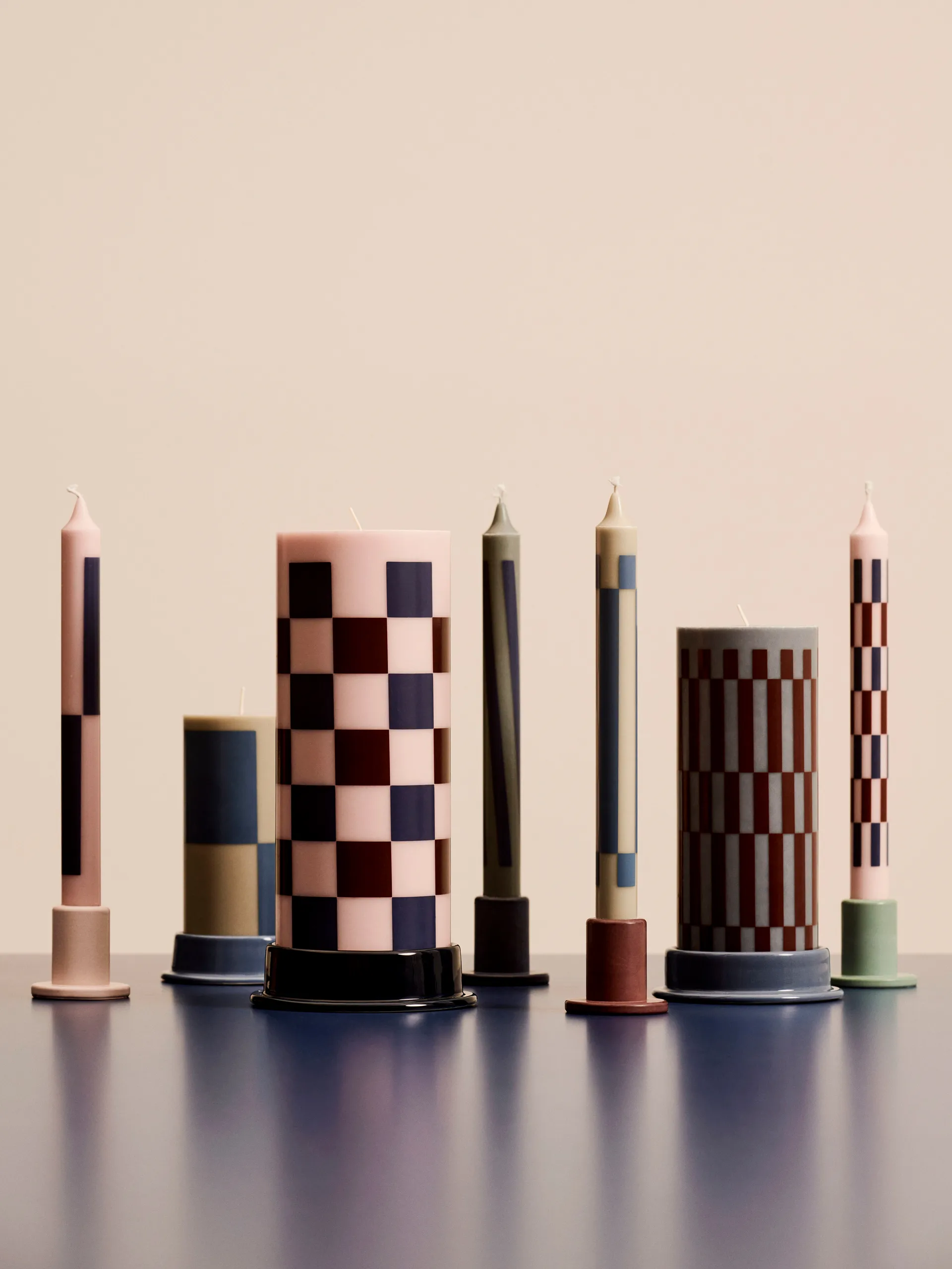 Column Candle pöytäkynttilä large 25 cm, Pink-bordeaux-dark blue check HAY
