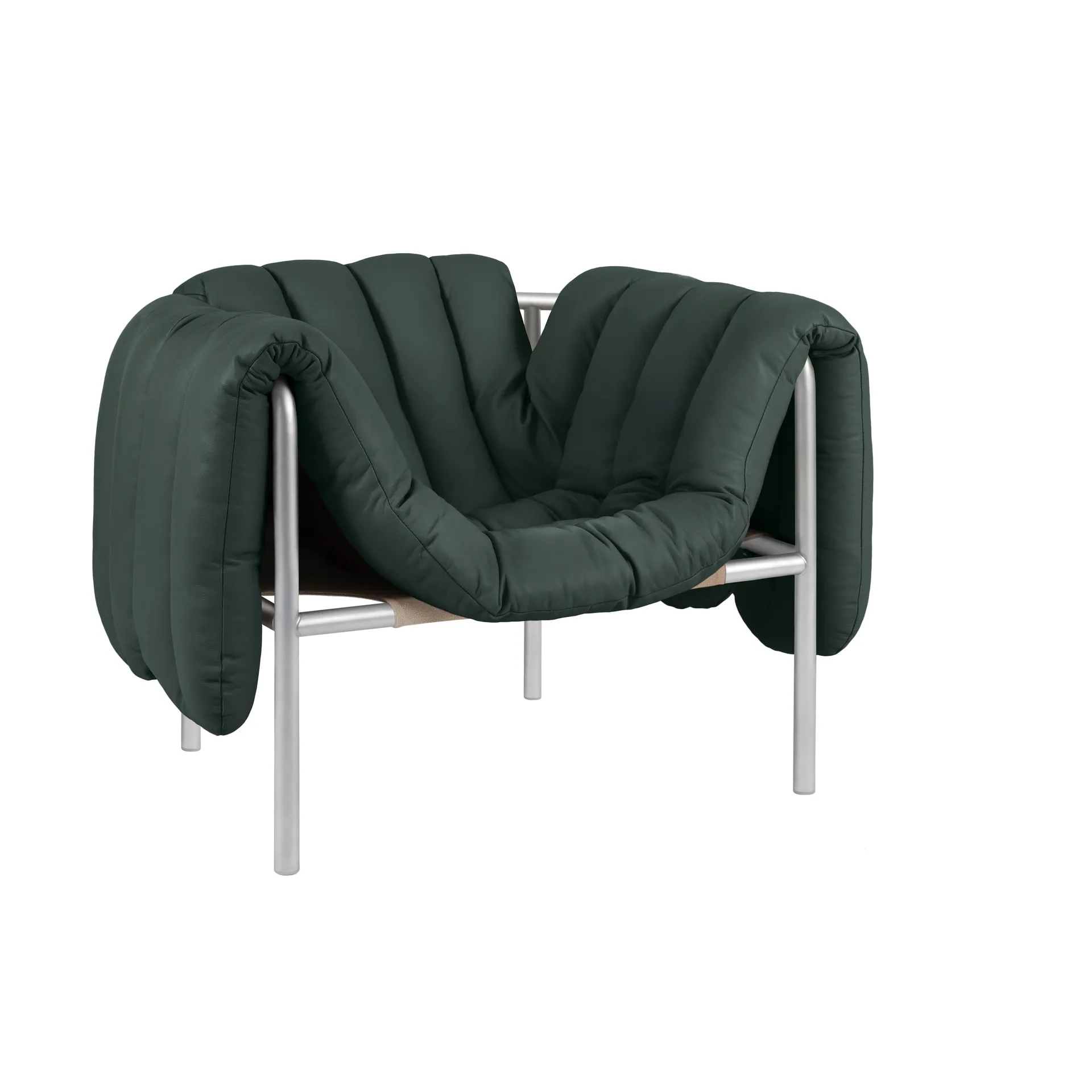 Puffy lounge-nojatuoli, Dark green leather-ruostumaton teräs Hem