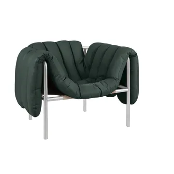 Puffy lounge-nojatuoli - Dark green leather-ruostumaton teräs - Hem
