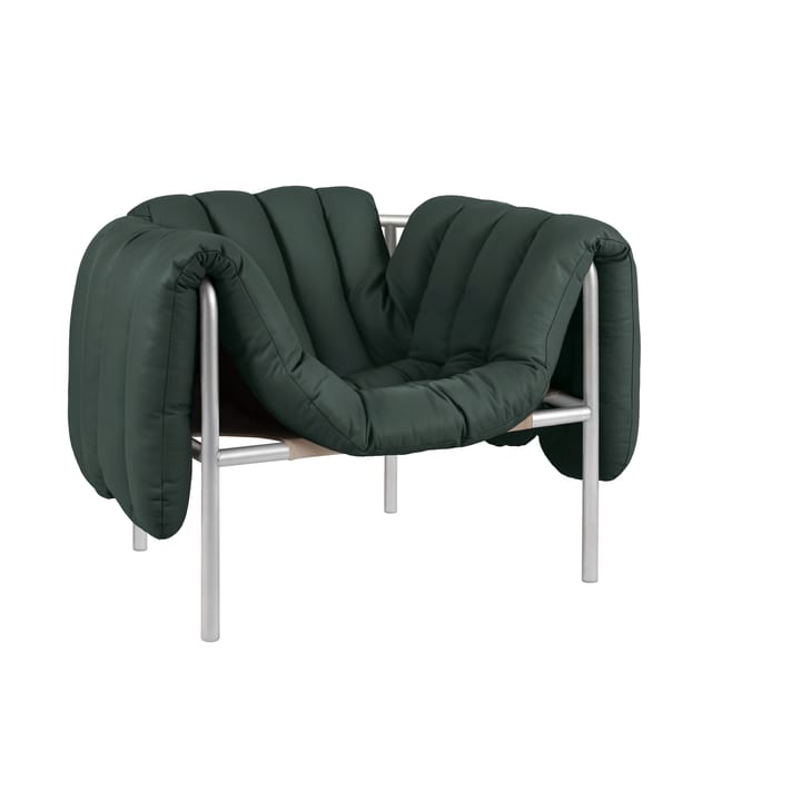 Puffy lounge-nojatuoli - Dark green leather-ruostumaton teräs - Hem