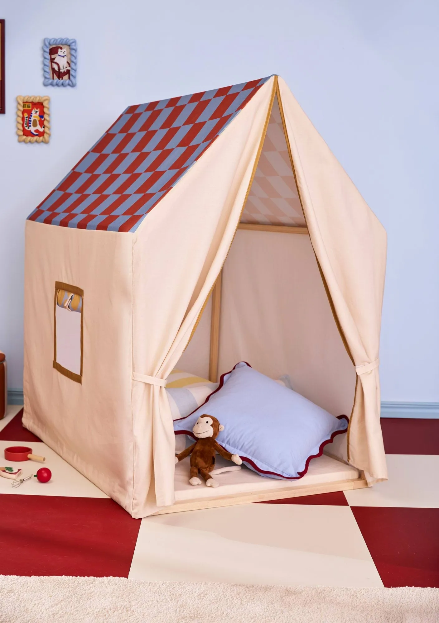 Leikkimajateltto, 110x80x124 cm, kyyhkynsininen ruutu Kid's Concept