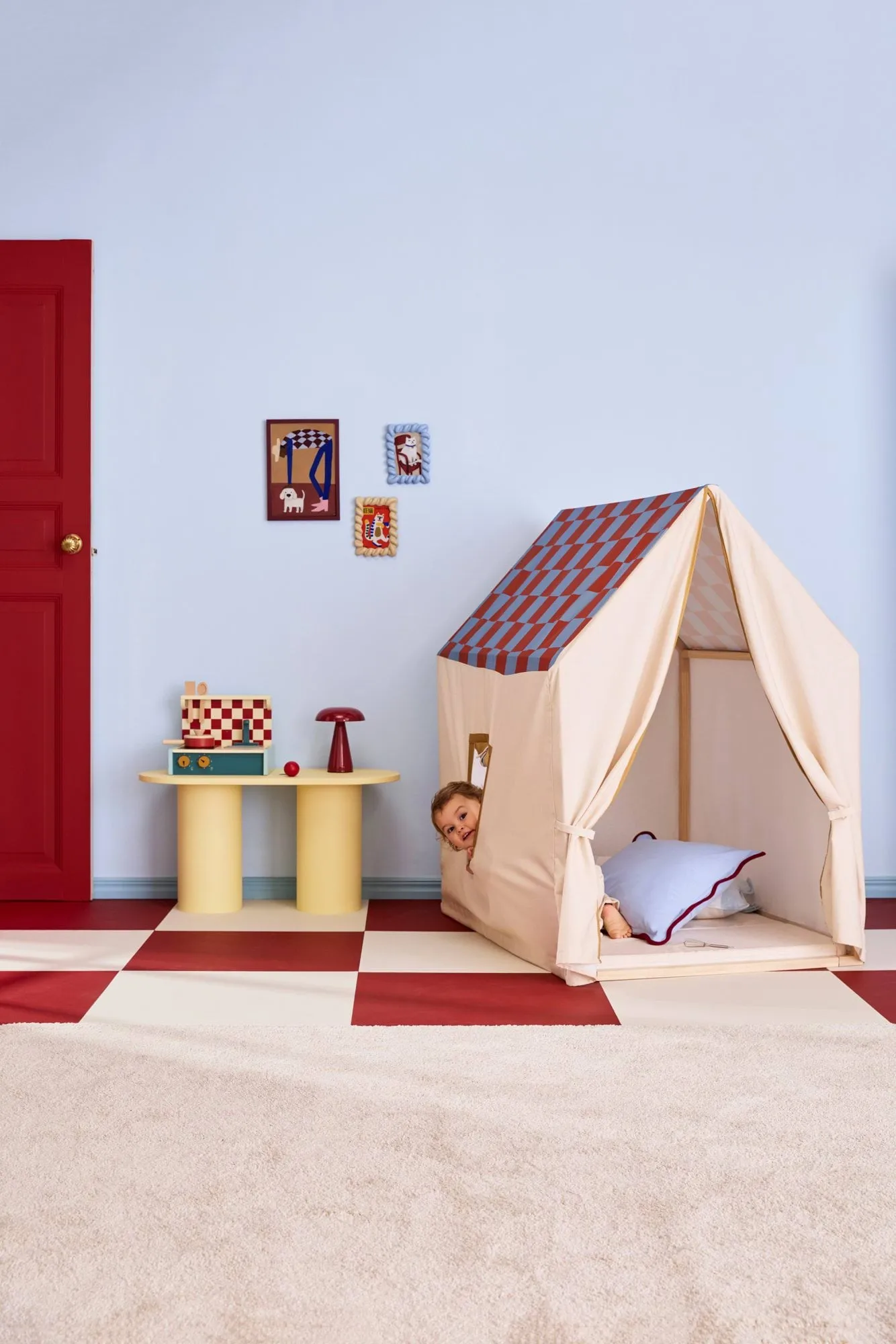 Leikkimajateltto, 110x80x124 cm, kyyhkynsininen ruutu Kid's Concept