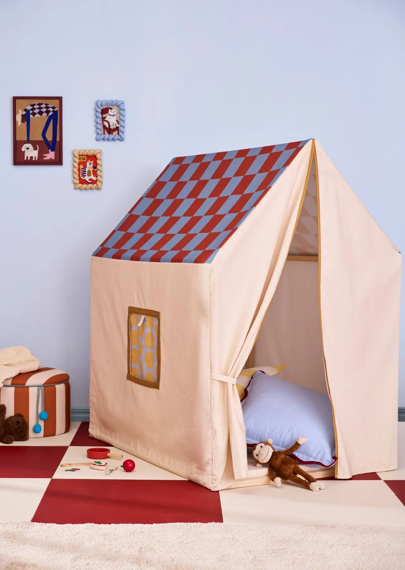 Leikkimajateltto, 110x80x124 cm, kyyhkynsininen ruutu Kid's Concept