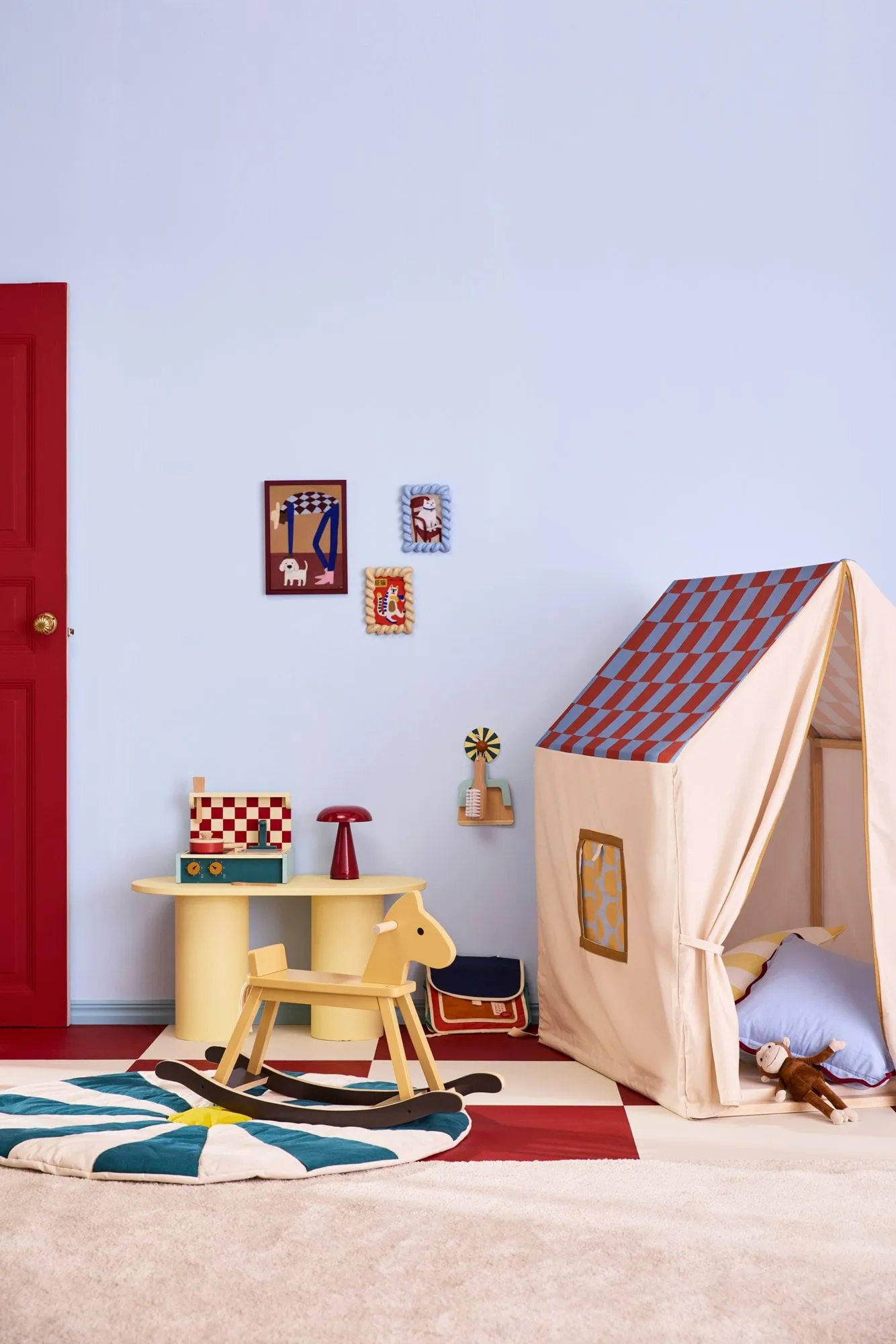 Leikkimajateltto, 110x80x124 cm, kyyhkynsininen ruutu Kid's Concept