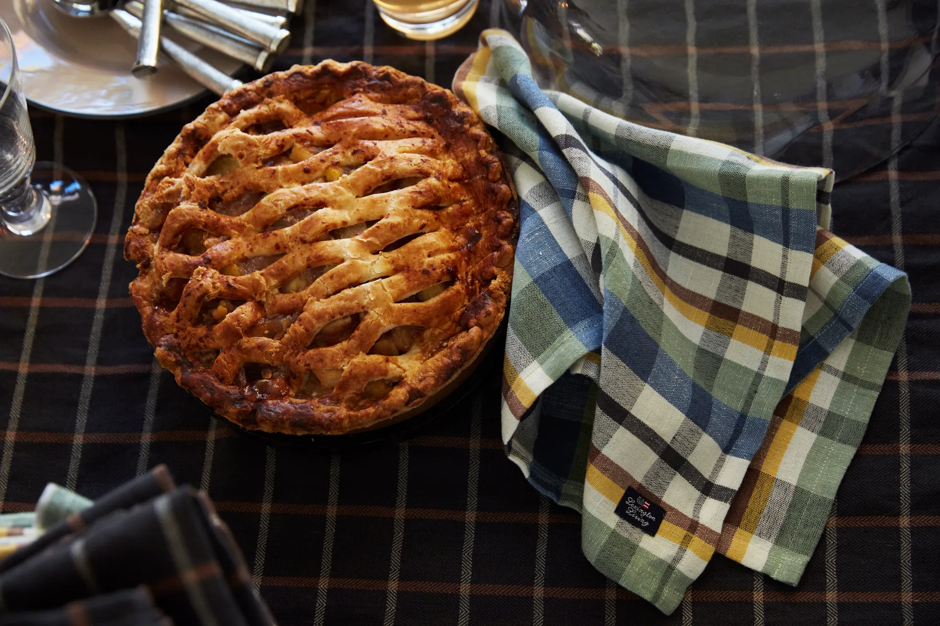 Checked Cotton Linen -pöytäliina 150 x 250 cm, Dark gray-beige Lexington